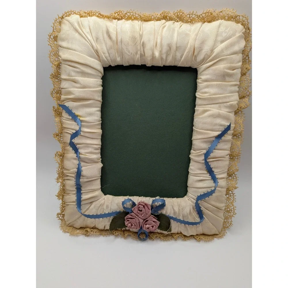 Vintage Grannycore Sateen Picture Frame Blue and Cream Floral Lace Handmade
